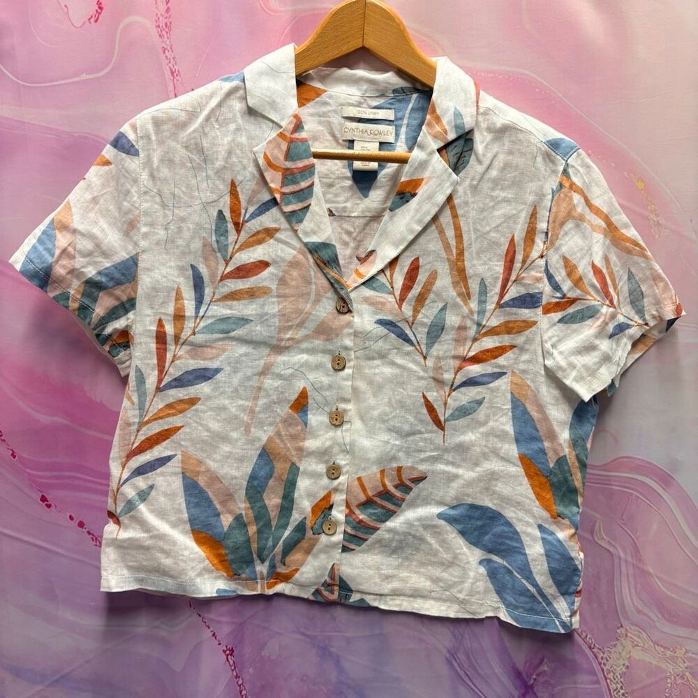 Cynthia Rowley S Linen Cream Tropical Modern Ballet Dancer Button Down Blouse